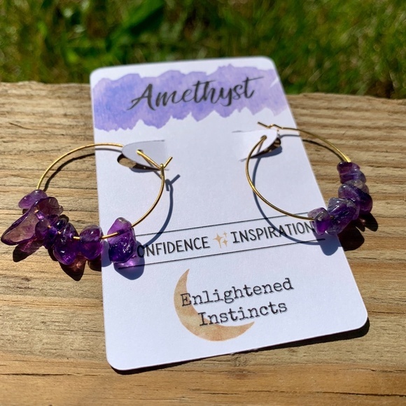 Gold Gemstone Hoop Earrings, Boho Hoops - Picture 1 of 7